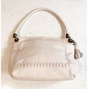 The Sak Leather Shoulder Bag Braided Handle Tassel Neutral Cloud Off White
